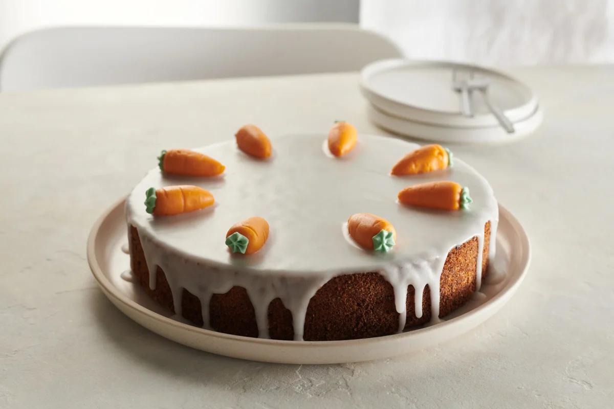 Torta di carote aus der Kategorie Gebäck süss. Das fertige Gericht schön angerichtet und fotografiert aus Vogelperspektive (Food Fotografie). Serviervorschlag, Original Tiptopf Rezept, aus dem bekanntesten Kochbuch der Schweiz